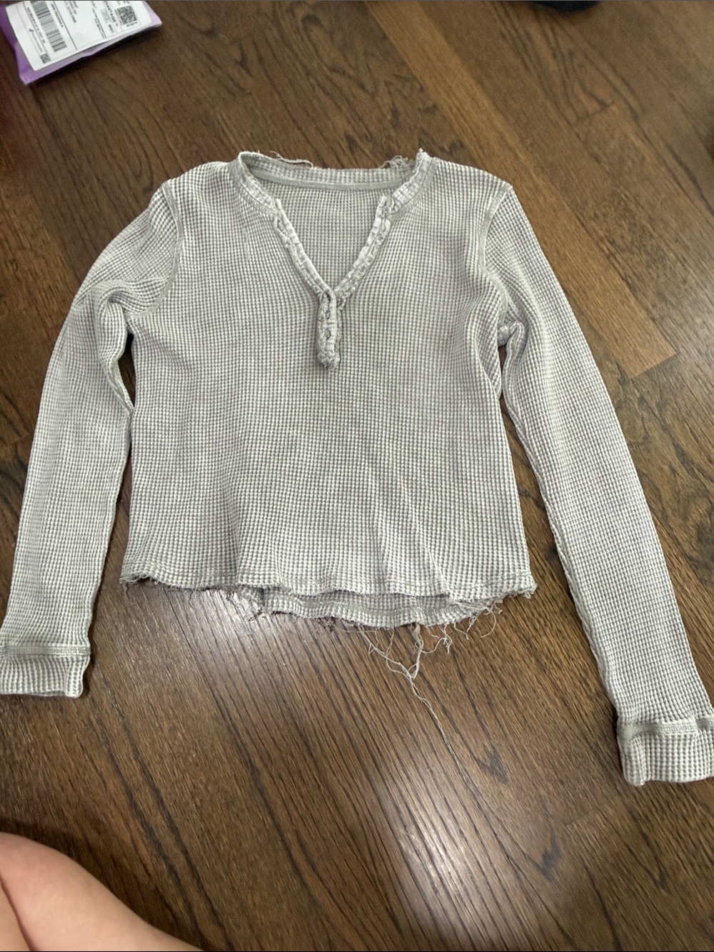 Waffle-Knit Long Sleeve Henley top in Light Gray